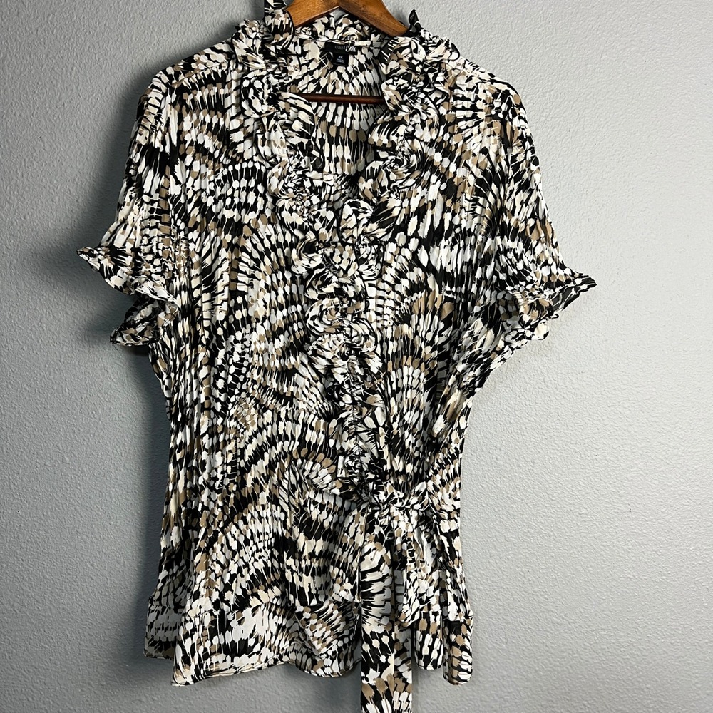 East 5th Ruffle Crinkle‎ Abstract Artsy Blouse Tie Waist Animal Print Plus Sz 3X